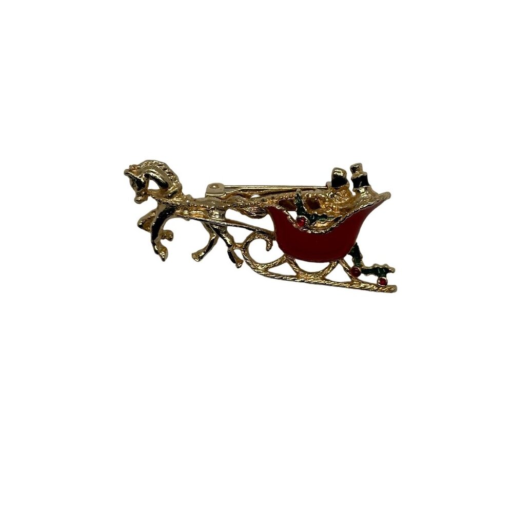 Vintage Gold-Tone Sleigh & Horse Brooch With Red Enamel Accents